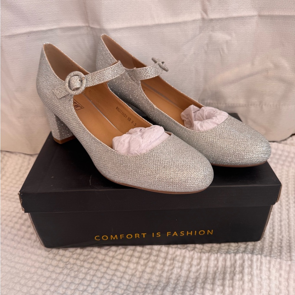 ✨ Silver Glitter Mary Jane Block Heels – Women’s Size 9.5 ✨